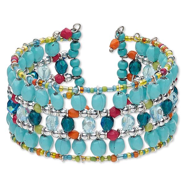 Bracelet, cuff, glass / painted acrylic / silver-plated steel, multicolored, 34mm wide, adjustable from 7-1/2 to 8-1/2 inches. Sold individually. image number 0