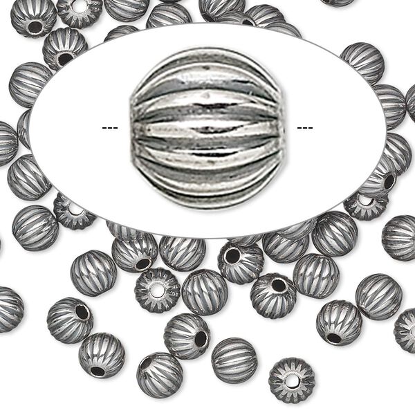 Bead, antiqued sterling silver, 5mm seamless corrugated round. Sold per pkg of 10. image number 0