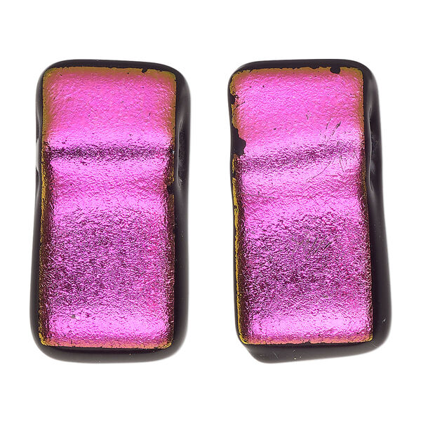 Bead, Paula Radke, dichroic glass, opaque pink / purple / black, 31x15mm-33x18mm top-drilled rectangle. Sold individually. image number 0