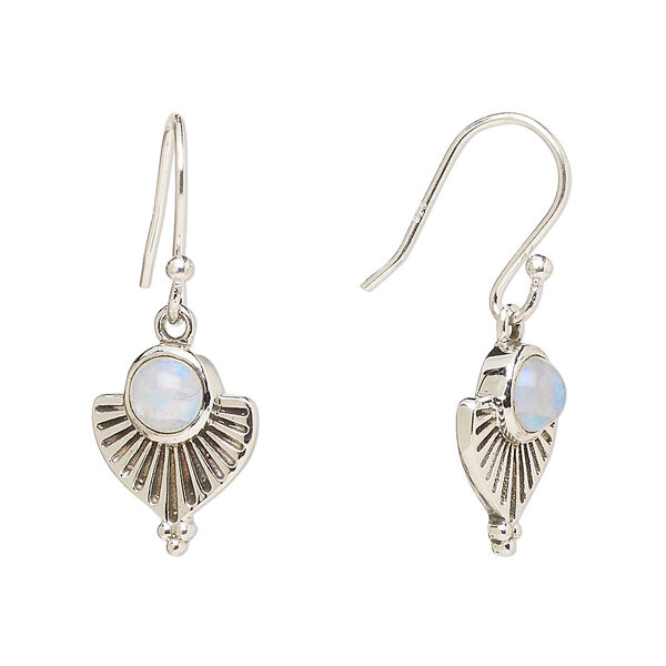 Ear wire, Create Compliments®, antiqued sterling silver and rainbow moonstone (natural), fishhook, 28mm with 14x11.5mm single-sided fan, 21 gauge. Sold per pair. image number 0