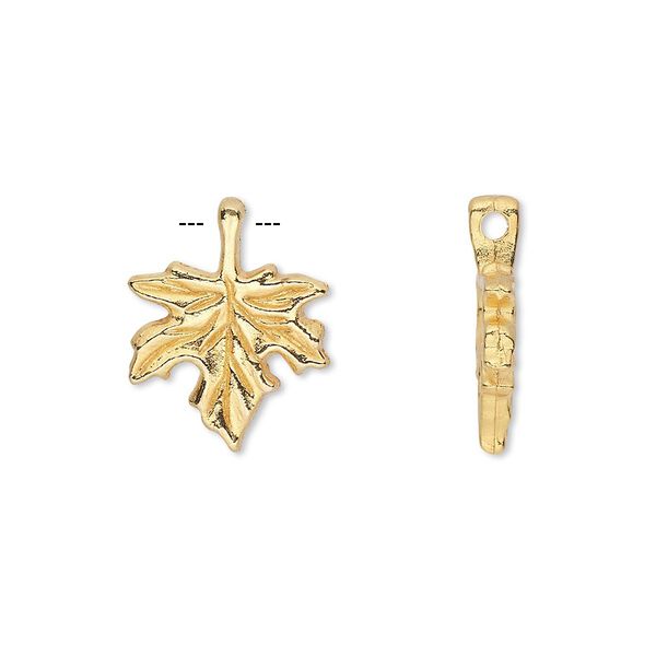 Charm, gold-finished "pewter" (zinc-based alloy), 13mm single-sided leaf. Sold per pkg of 20. image number 0