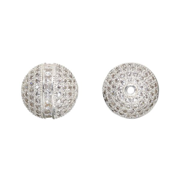 Bead, glass rhinestone and silver-finished brass, clear, 14mm round. Sold individually. image number 0
