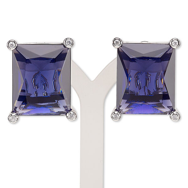 Earring, glass / glass rhinestone / rhodium-plated brass, purple and clear, 25x20mm rectangle with post and latch-back closure. Sold per pair. image number 0