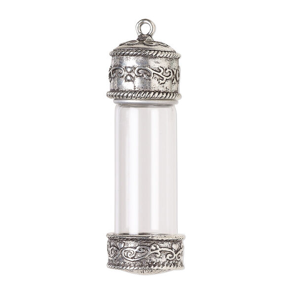 Focal, antique silver-finished "pewter" (zinc-based alloy) and glass, clear, 59.5x20.5mm bottle with twist off top and vine design. Sold individually. image number 0