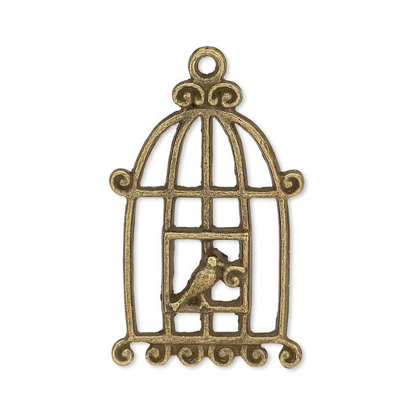 Focal, antiqued brass-finished "pewter" (zinc-based alloy), 30.5x20mm single-sided bird in cage. Sold per pkg of 4. image number 0