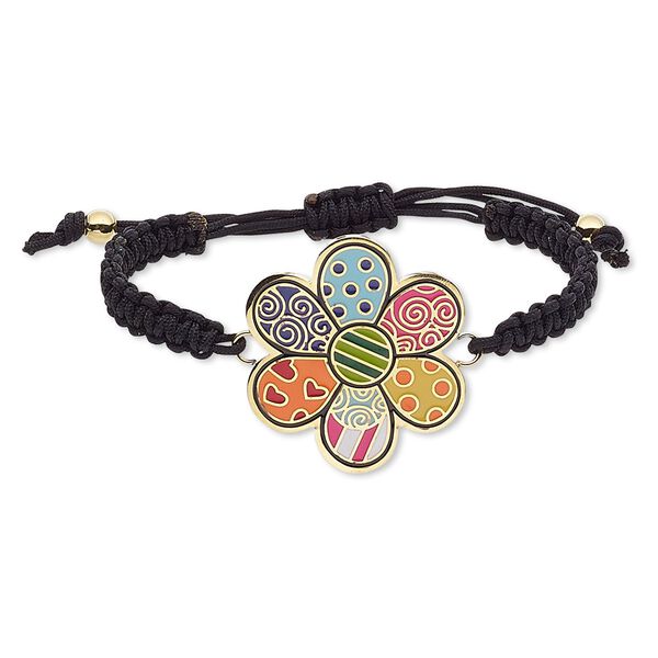 Bracelet, enamel / waxed cotton cord / gold-finished stainless steel, multicolored, 39x35mm flower, adjustable from 6-9 inches with macramé knot closure. Sold individually. image number 0