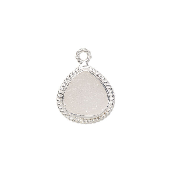 Drop, druzy agate (natural) and sterling silver, 16x16mm-18x17mm hand-cut single-sided teardrop with twisted wire design. Sold individually. image number 0