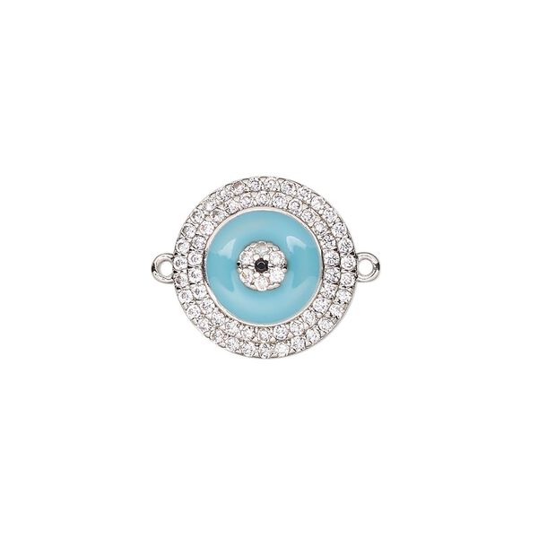 Link, silver-finished brass / cubic zirconia / enamel, clear and blue, 15mm single-sided round. Sold individually. image number 0