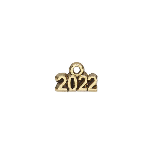 Charm, antique gold-plated "pewter" (tin-based alloy), 13x5mm single-sided "2022." Sold per pkg of 2. image number 0