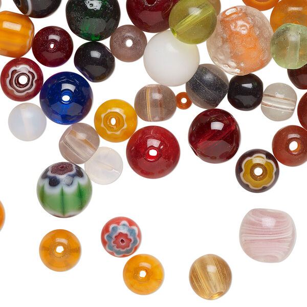 Bead mix, lampworked glass, opaque and translucent mixed colors, 8-13mm round. Sold per 4-ounce pkg, approximately 90 beads. image number 0