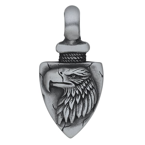 Pendant, Almost Jewelry™, antiqued "pewter" (zinc-based alloy), 42x22mm single-sided arrowhead with eagle head design. Sold individually. image number 0