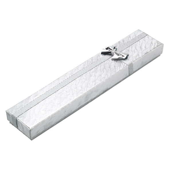 Gift box, paper and foam, silver and white, 8-1/4 x 1-1/2 x 3/4 inch rectangle with ribbon and bow. Sold per pkg of 12. image number 0