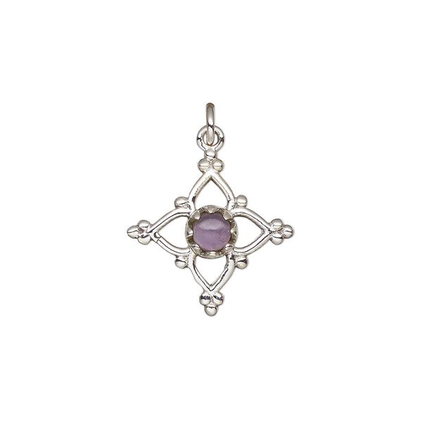Amethyst / sterling silver 1pkg1, open beaded diamond drop natural antiqued 17x17mm image number 0