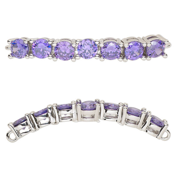 Focal, cubic zirconia and silver-plated brass, amethyst, 40x5mm curved rectangle. Sold individually. image number 0