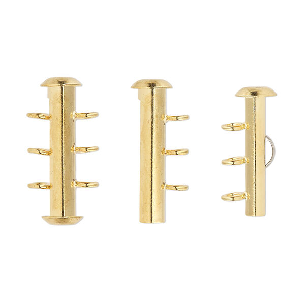 Clasp, 3-strand slide lock, gold-plated brass, 21x6mm round tube. Sold per pkg of 4. image number 0
