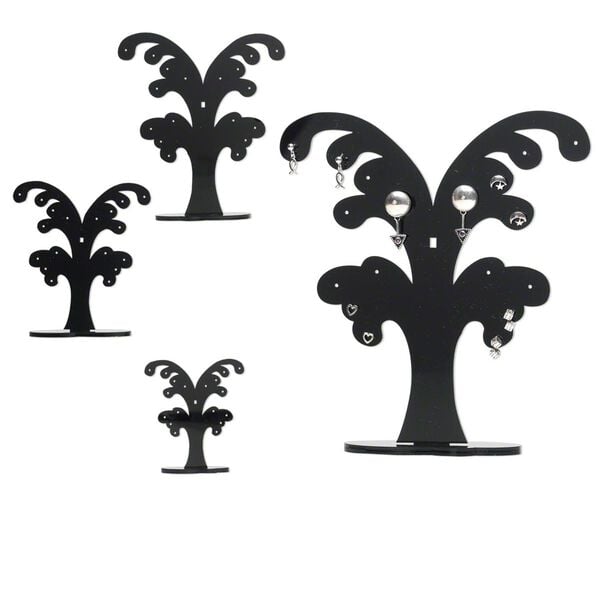 Display, earring, acrylic, black, (1) 6 x 1-1/2 x 4-inch, (1) 4-3/4 x 1-1/8 x 3-1/8 inch and (1) 3-1/2 x 1 x 2-5/16 inch tree. Sold per set of 3. image number 0