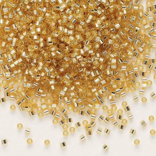 Seed bead, Delica®, glass, pkg/7.5g, #11 cut, transparent silver-lined gold (DBC-0042). image number 0