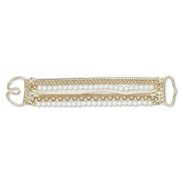 Bracelet, 7-strand, nylon / glass pearl / gold-finished steel / brass / "pewter" (zinc-based alloy), white, 34mm wide, 6 inches with hook-and-eye clasp. Sold individually. image number 0