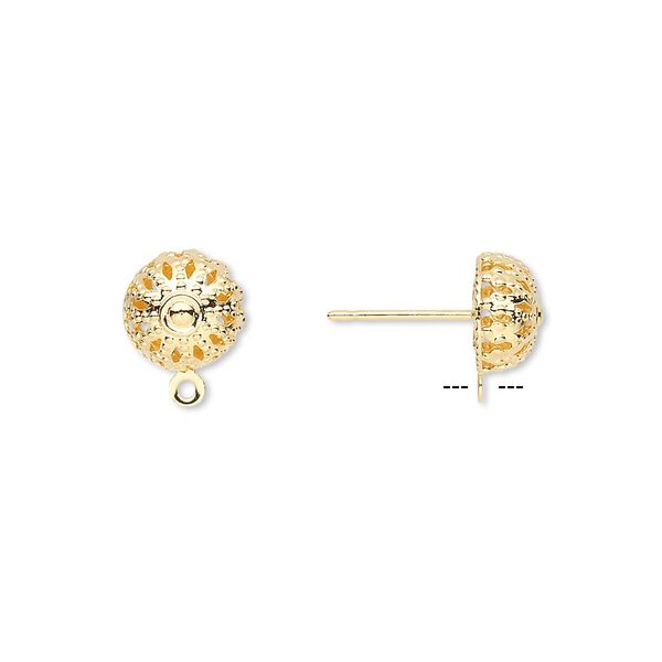 Earstud, gold-plated brass and stainless steel, 8mm filigree dome with closed loop. Sold per pkg of 5 pairs. image number 0