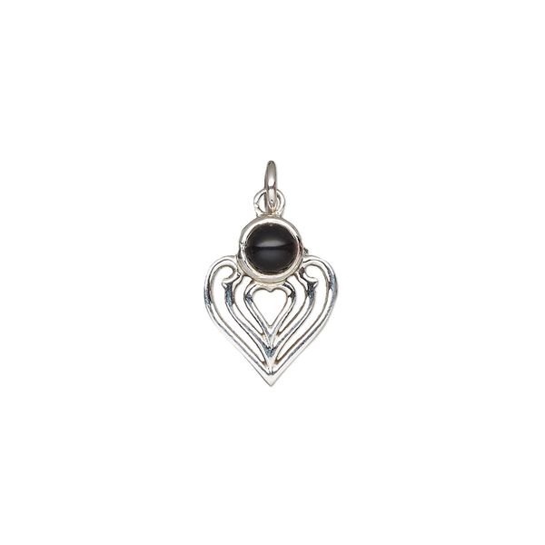 Black onyx / sterling silver 1pkg1, antiqued heart drop 14x11mm image number 0