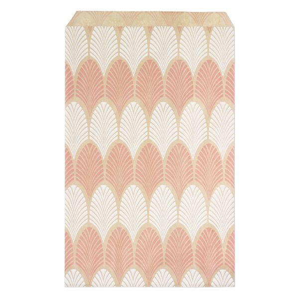 Bag, paper, brown, white and pink, 9x6 inch rectangle with leaf-print and scalloped top edge. Sold per pkg of 100. image number 0