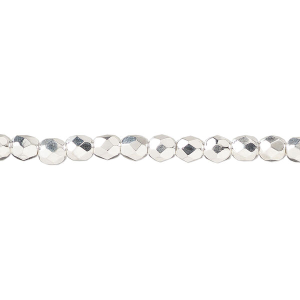 Bead, fire-polished, silver-plated glass, opaque clear, 4mm faceted round. Sold per 1 mass, approximately 1,200 beads. image number 0