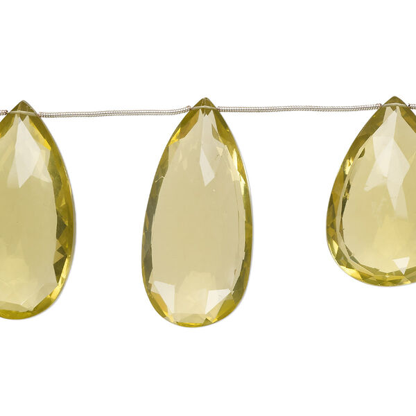 Lemon quartz 1pkg7, hand-cut top-drilled faceted puffed teardrop bead B+ grade, 34x23mm-48x27mm image number 0