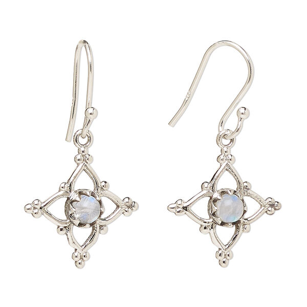 Ear wire, Create Compliments®, antiqued sterling silver and rainbow moonstone (natural), fishhook, 32mm with 17mm single-sided open beaded diamond, 21 gauge. Sold per pair. image number 0