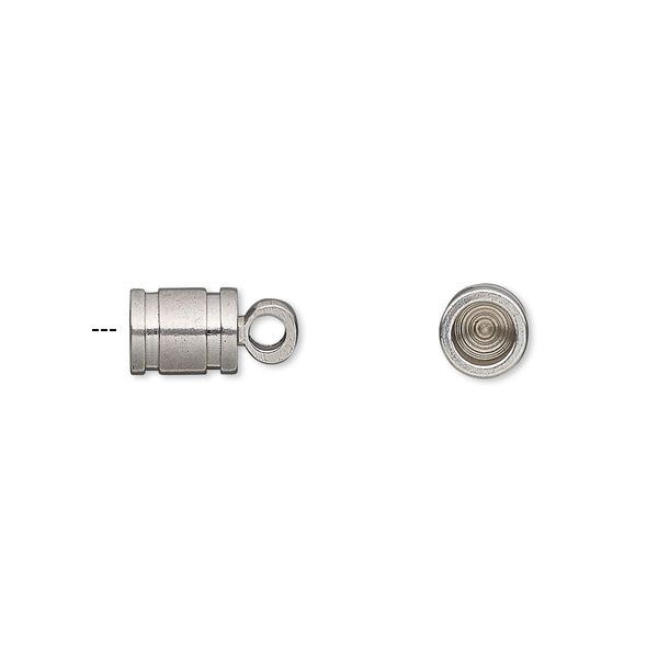 Cord end, glue-in, stainless steel, 7x6mm round tube with lines and 4mm inside diameter. Sold per pkg of 2. image number 0
