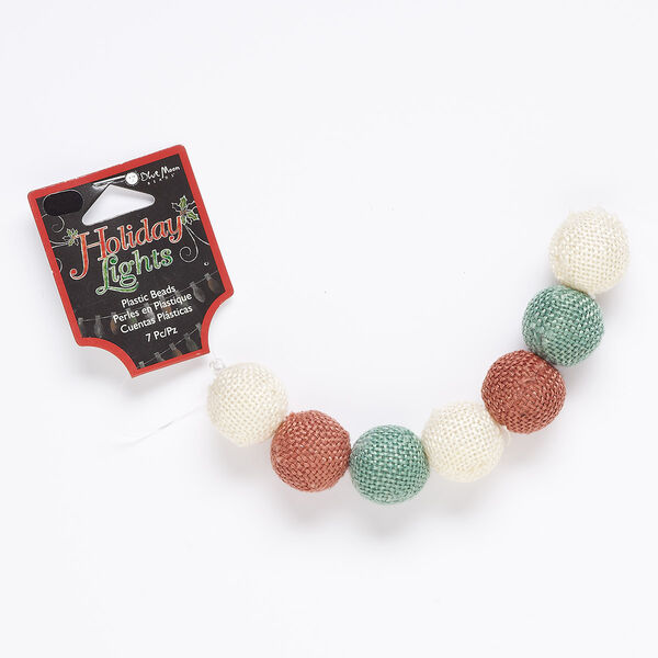 Bead, acrylic and burlap, red / green / white, 20mm round with 2mm hole. Sold per pkg of 7. image number 0