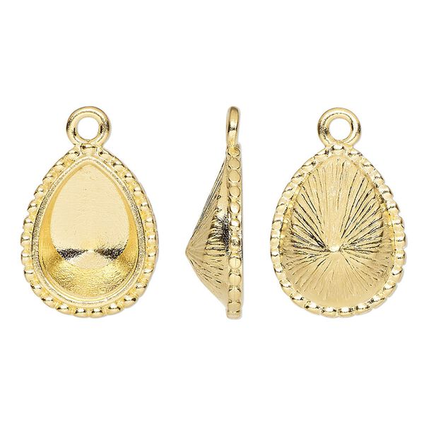 Drop, TierraCast®, Almost Instant Jewelry®, gold-plated pewter (tin-based alloy), 18x14mm teardrop with beaded edge and 14x10mm pear glue-in setting (4320). Sold per pkg of 2. image number 0