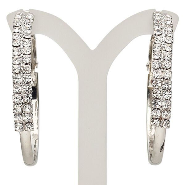 Earring, glass rhinestone with imitation rhodium-plated brass and steel, clear, 42x5mm round hoop with leverback ear wire. Sold per pair. image number 0
