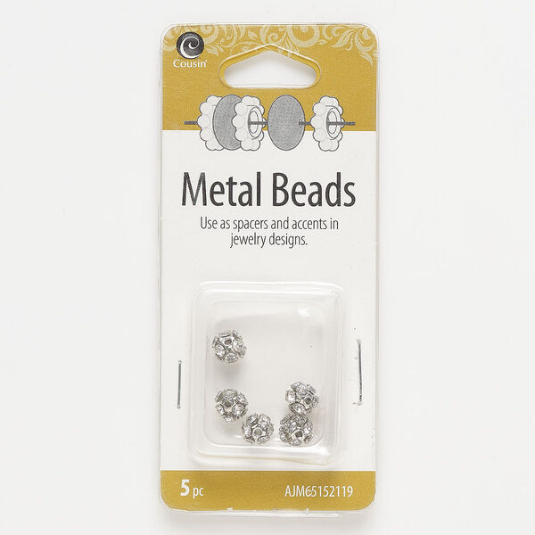 Bead, antique silver finished "pewter" (zinc-based alloy) and glass, clear, 5mm round. Sold per pkg of 5. image number 0