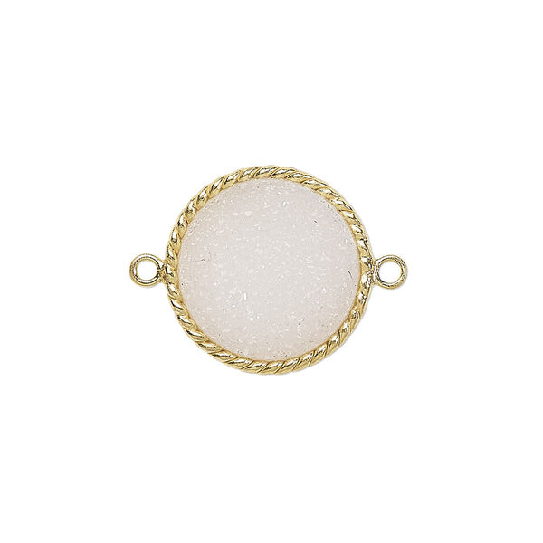 Link, druzy agate (natural) and gold-plated sterling silver, white, 17-19mm hand-cut single-sided flat round with twisted wire design. Sold individually. image number 0