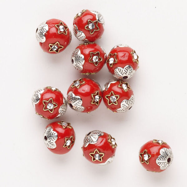 Bead, "pewter" (zinc-based alloy) / enamel / glass, pkg/10, 12x11mm-13x12mm oval, red and clear. image number 0