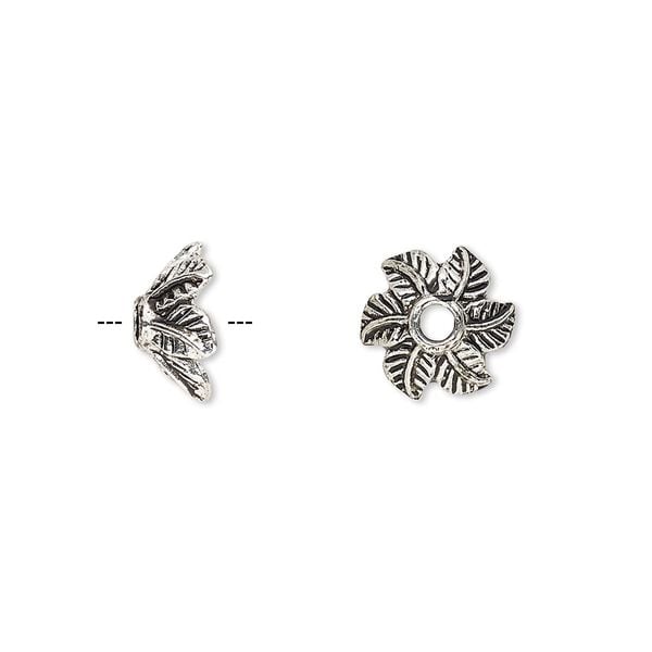 Bead cap, antique silver-finished "pewter" (zinc-based alloy), 10x5mm leaf with 2.5mm hole, fits 8-12mm bead. Sold per pkg of 20. image number 0