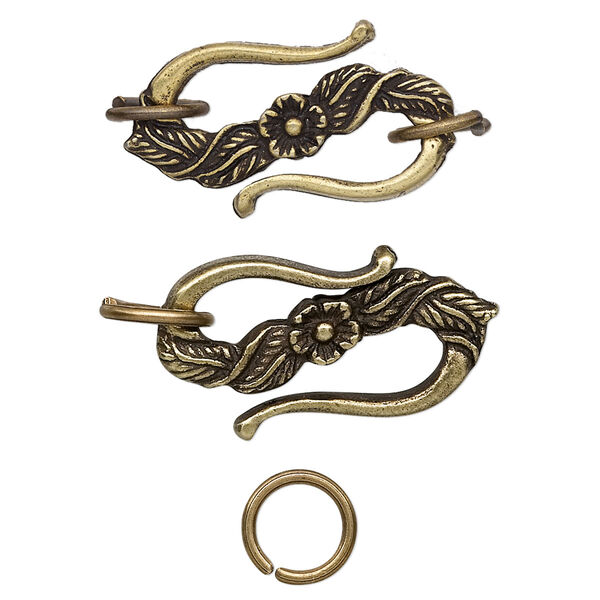 Clasp, S-hook, pewter (tin-based alloy), pkg/1, antique brass plate, 24x14mm with floral design and (2) 8mm jump rings. image number 0