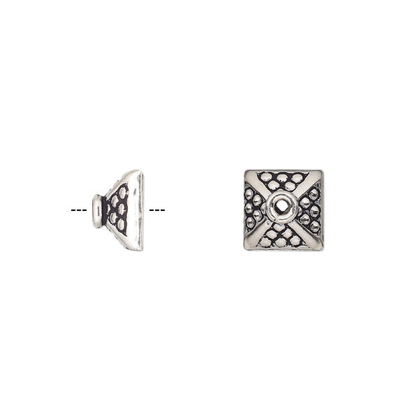 Bead cap, antiqued sterling silver, 9x5mm beaded square, fits 7-8mm bead. Sold per pkg of 2. image number 0
