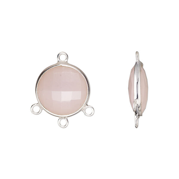 Drop, sterling silver and pink chalcedony (dyed), 14mm hand-cut double-sided faceted puffed flat round with 3 closed loops, Mohs hardness 6-1/2 to 7. Sold individually. image number 0
