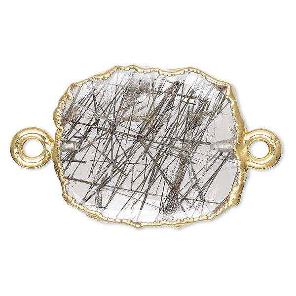 Tourmalinated quartz / sterling silver 1pkg2, electrocoated gold-plated freeform rectangle link natural 13x12mm-15x14mm image number 0