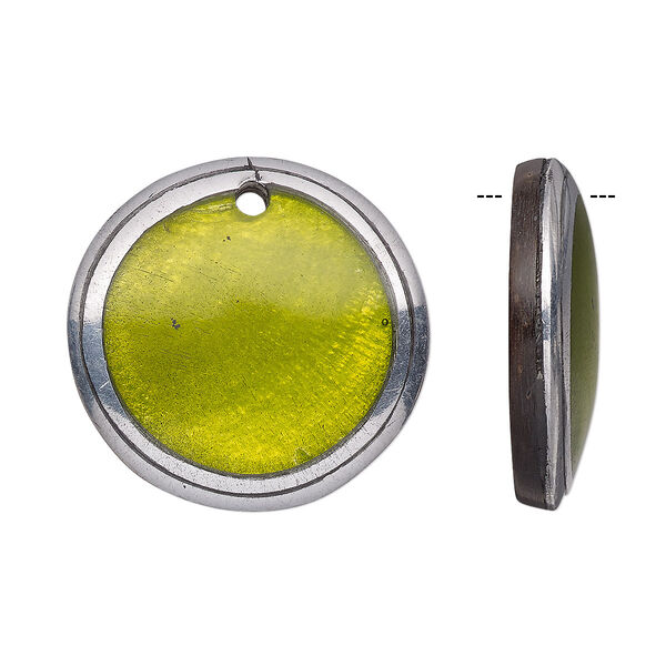 Drop, wood / Capiz shell / resin / aluminum (natural / dyed / assembled), green and clear, 24mm single-sided flat round. Sold individually. image number 0