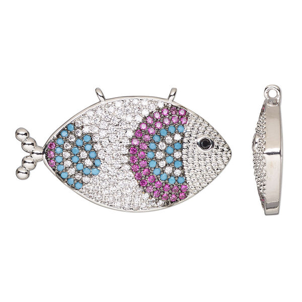 Connector, cubic zirconia and silver-finished brass, multicolored, 31.5x17mm single-sided fish. Sold individually. image number 0