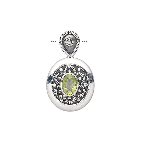 Pendant, peridot (natural) and antiqued sterling silver, 26x16mm oval with 8x6mm faceted oval. Sold individually. image number 0