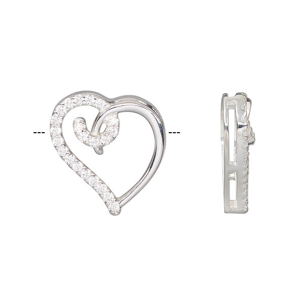 Slide, sterling silver and cubic zirconia, clear, 17mm single-sided open heart, 4x1mm hole. Sold individually. image number 0