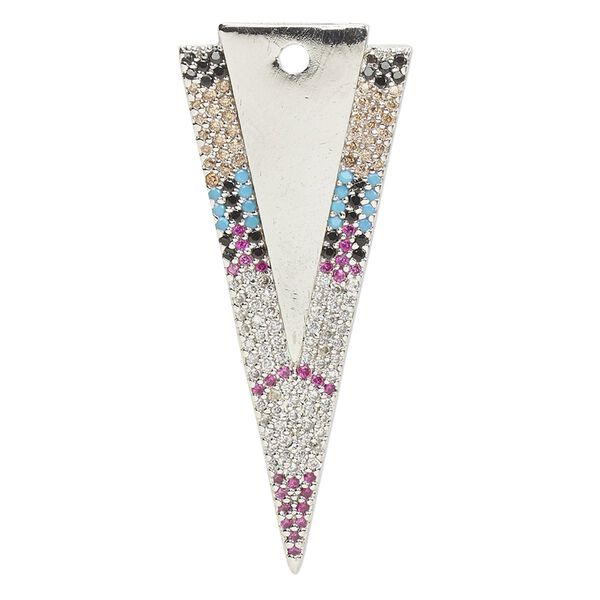 Focal, cubic zirconia and silver-finished brass, multicolored, 41x17.5mm single-sided arrowhead. Sold individually. image number 0