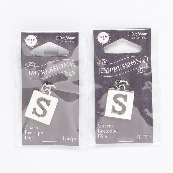 Drop, silver-finished "pewter (zinc-based alloy) and steel, 16x15mm square with alphabet letter "S." Sold per pkg of 2. image number 0
