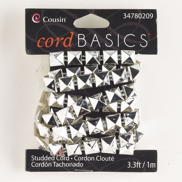 Cord, plastic, silver, 8mm flat with square studs. Sold per pkg of 1 meter. image number 0