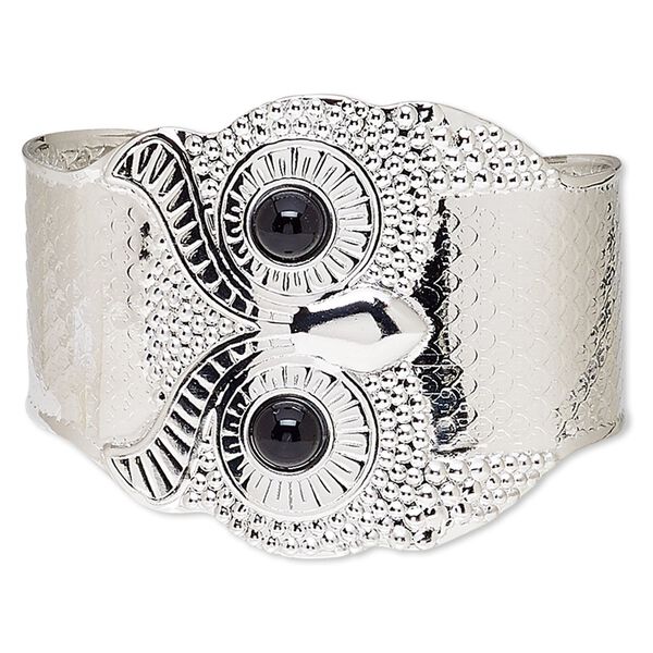 Bracelet, cuff, acrylic and imitation rhodium-plated steel, black, 52mm wide with owl design, adjustable. Sold individually. image number 0