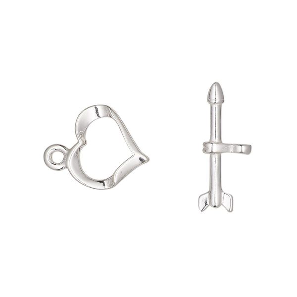 Clasp, toggle, sterling silver, 13x11mm heart with arrow bar. Sold individually. image number 0