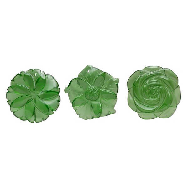 Focal mix, glass, translucent green, 38x33-40x40mm top-drilled carved flower. Sold per pkg of 3. image number 0